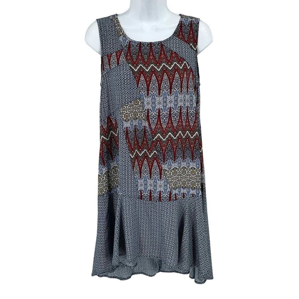 Umgee Tunic Mini Dress Women Small Blue Geometric Chevron Boho Ruffle Sleeveless